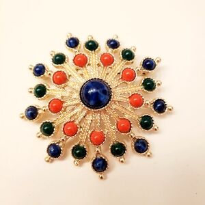 SARAH COV Gold-Tone Brooch with Blue, Coral, and Green Accents, 2.25  Inches